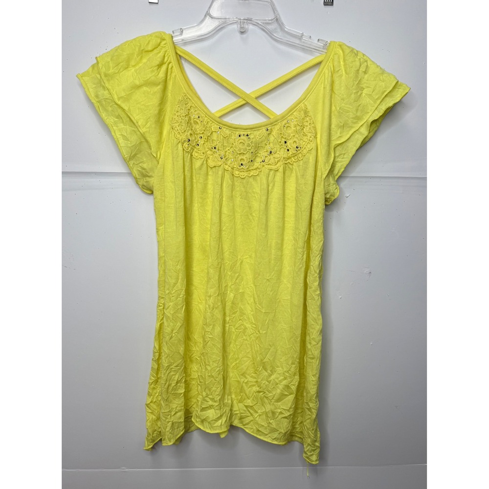 French Laundry Top Sz M Yellow  Lace Rhinestone Flutter Sleeve‎ Boho Cottage Y2K